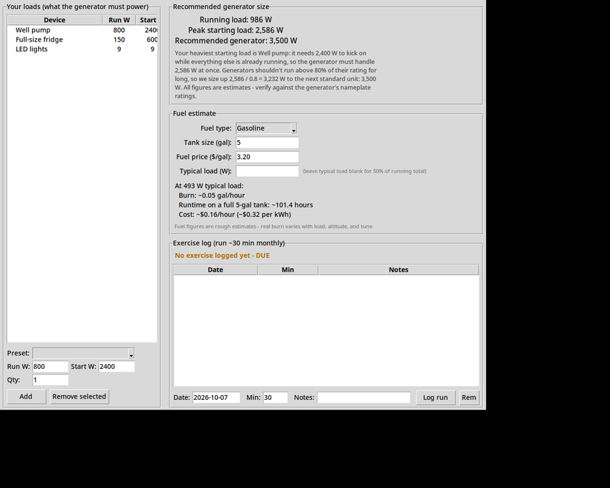 Generator Sizing Calculator screenshot